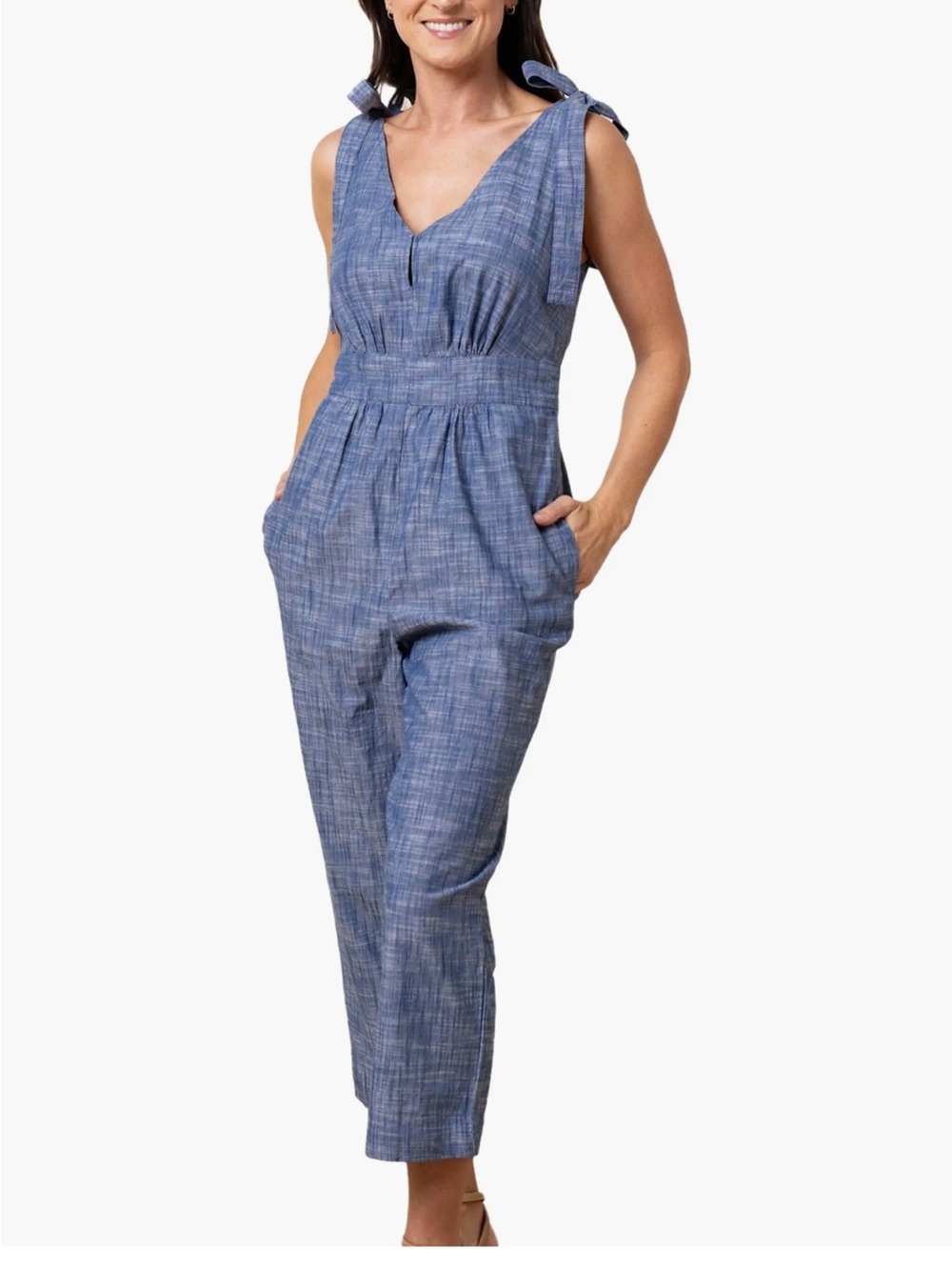 New Hope & Henry Jumpsuit Organic Cotton Ties Shoulder Bows Blue Chambray Size 2
